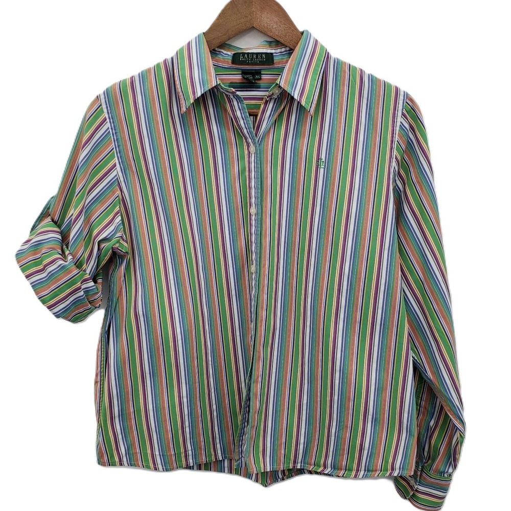 Lauren Ralph Lauren Womens PM Multicolor Stripe Button Front Cotton‎ Blouse Top - Picture 4 of 16